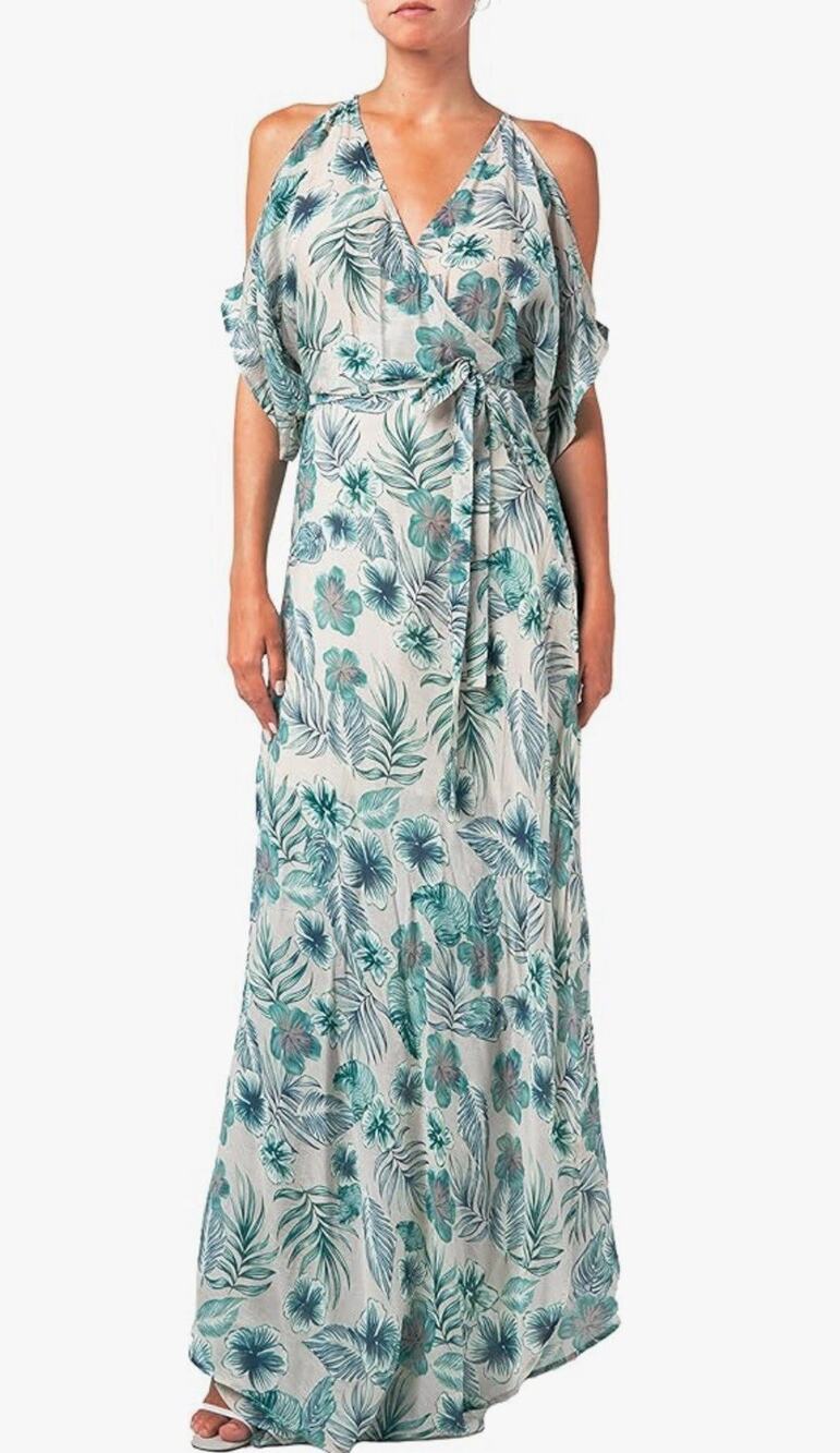 Miss Me -Ladies Tropical Floral Print Cold Shoulder Wrap Maxi Dress - Large